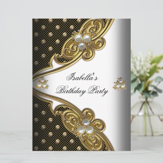 Elegant Polka Dots White Black Gold Party Kaart (Staand voorkant)