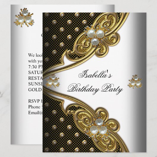 Elegant Polka Dots White Black Gold Party Kaart (Voorkant / Achterkant)