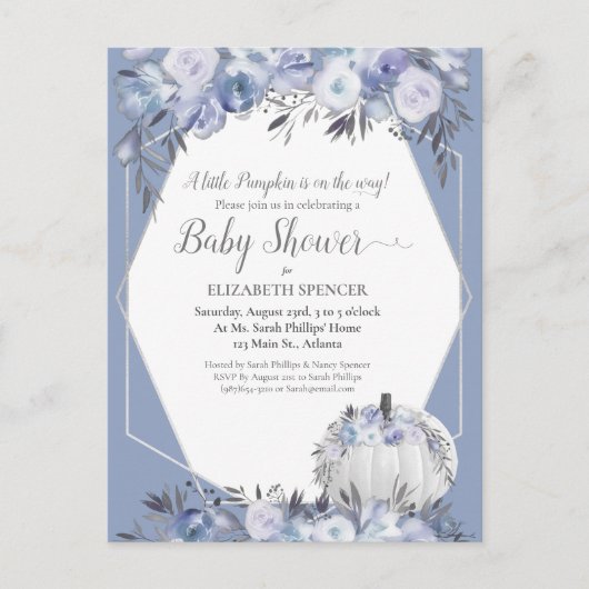 Elegant pompoen Baby shower Dusty Blue Aankondigingskaart (Voorkant)