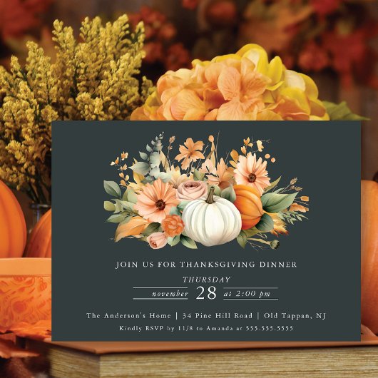 Elegant Pompoen Bloemen Thanksgiving Diner Kaart