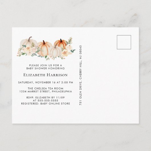 Elegant pompoen bloemenWaterverf Baby shower Uitnodiging Briefkaart (Achterkant)