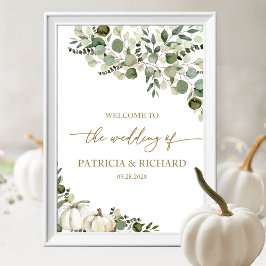 Elegant Pompoen Groene Herfst Bruiloft Welkom Bord Poster
