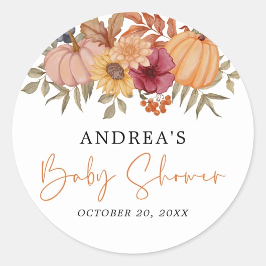 Elegant pompoen herfst bloemenpompoen Baby shower Ronde Sticker (Voorkant)