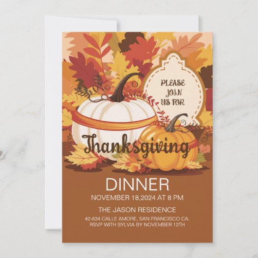 Elegant pompoen-thema Thanksgiving diner Kaart (Voorkant)