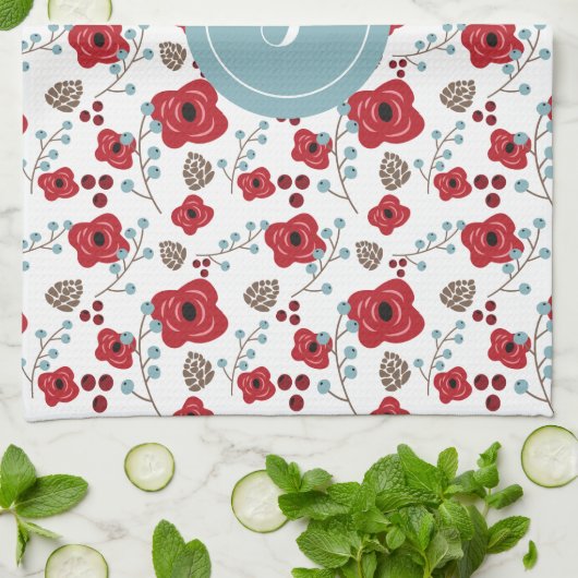 Elegant Poppies and Berries Pattern Monogram Theedoek (Gevouwen)