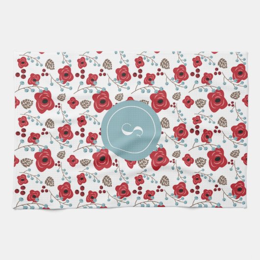 Elegant Poppies and Berries Pattern Monogram Theedoek (Horizontaal)