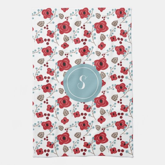 Elegant Poppies and Berries Pattern Monogram Theedoek (Verticaal)