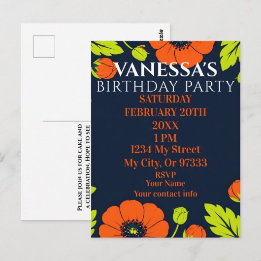 Elegant Poppies Black Birthday Invitation Briefkaart (Voorkant / Achterkant)