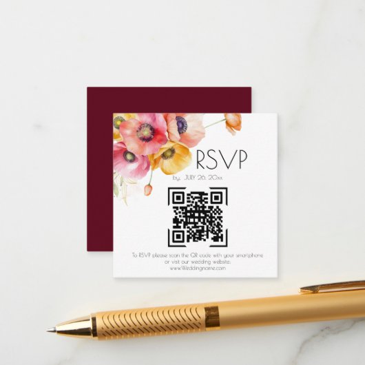 Elegant Poppies Floral QR Code Wedding RSVP Informatiekaartje (Voorkant / Achterkant in situ)
