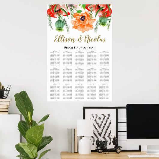 Elegant Poppies Wedding Seding Chart Poster (Thuiskantoor)
