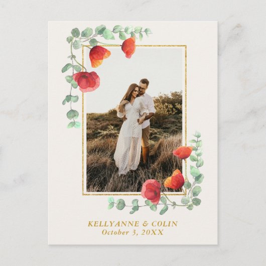 Elegant Poppy Botanical Briefkaart Save the Date (Voorkant)