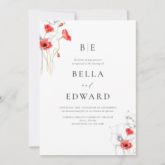 Elegant Poppy Red WildFlowers Formele bruiloft Kaart (Voorkant)