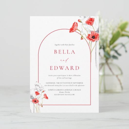 Elegant Poppy Rode Waterverf Wildflowers Bruiloft Kaart (Staand voorkant)