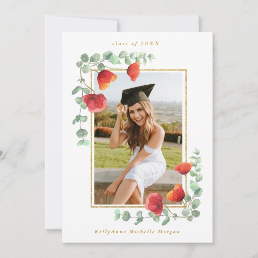 Elegant Poppy Waterverf Floral 2 foto Afstuderen Aankondiging (Voorkant)