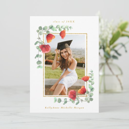 Elegant Poppy Waterverf Floral 2 foto Afstuderen Aankondiging (Staand voorkant)