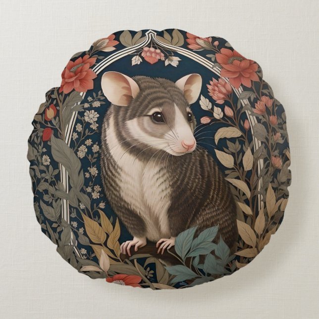 Elegant Possum William Morris geïnspireerd Bloemen Rond Kussen (Voorkant)