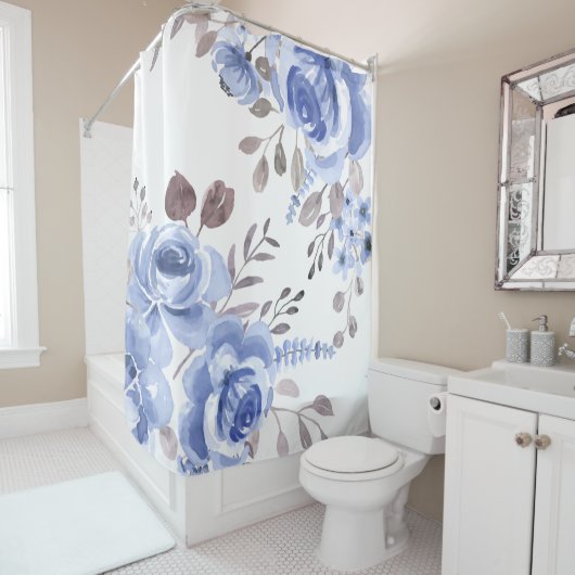 Elegant Powder Blue Bloemen Waterverf Douchegordijn (In situ)