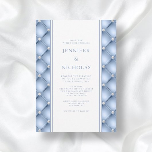 Elegant Powder Blue Diamond Tufted Wedding Kaart