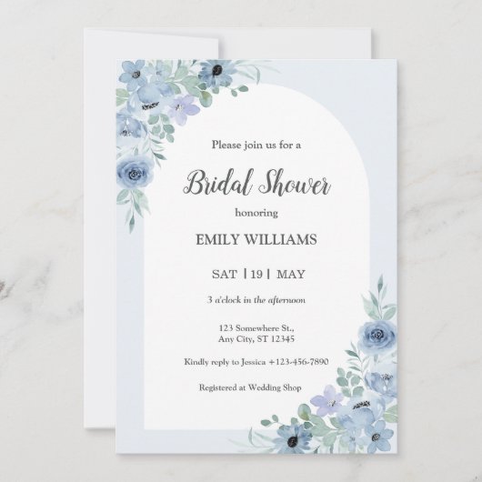 Elegant Powder Blue Flowers Bridal Shower Kaart (Voorkant)