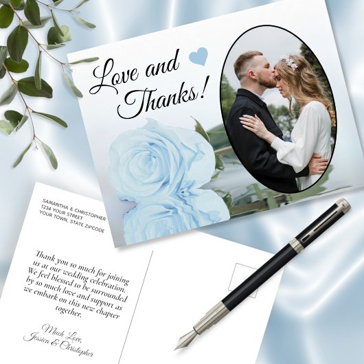 Elegant Powder Blue Roos Wedding Love & Bedankt Briefkaart