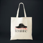 Elegant "Powerfully Feminine" Chic Black Hat Graph Tote Bag<br><div class="desc">Step out in effortless style with this sophisticated "Powerfully Feminine" tote bag. The design features a beautifully illustrated, chic wide-brim black hat adorned with a simple, elegant dark purple ribbon. Below the graphic, the phrase "Powerfully Feminine" is rendered in a two-tone text design: "Powerfully" in a refined red serif, and...</div>