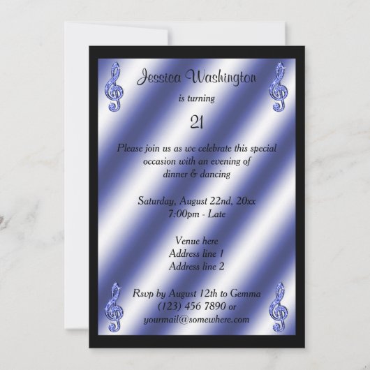 Elegant, prachtig blauw Treble Clefs 21st Birthday Kaart (Achterkant)