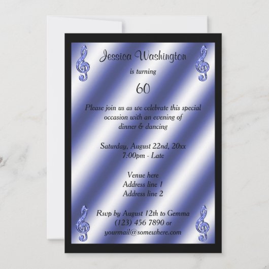 Elegant, prachtig blauw Treble Clefs 60th Birthday Kaart (Achterkant)