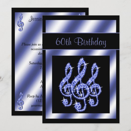 Elegant, prachtig blauw Treble Clefs 60th Birthday Kaart (Voorkant / Achterkant)