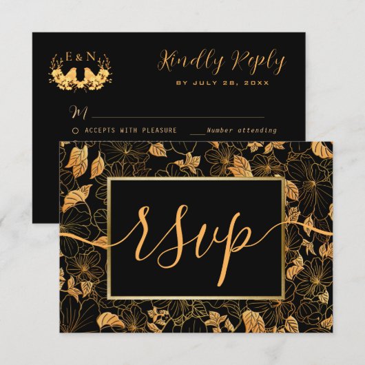 Elegant Prachtig Zwart & Goud Loof RSVP (Voorkant / Achterkant)