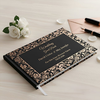 Elegant Premium Zwart Bloemmotief Roze Gouden Trou Gastenboek
