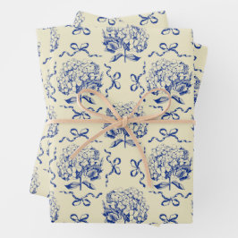 Elegant Preppy Blauw Beige Hortensia Boog Patroon Inpakpapier Vel