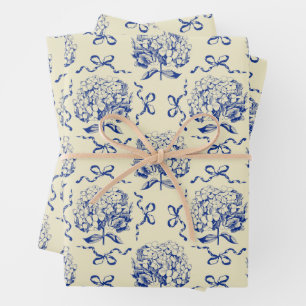 Elegant Preppy Blauw Beige Hortensia Boog Patroon Inpakpapier Vel