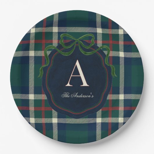 Elegant Preppy Plaid Monogram Christmas Papieren Bordje (Voorkant)