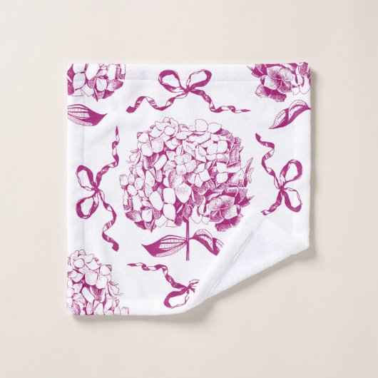 Elegant Preppy Roze Hydrangea Bow Toile Patroon Bad Handdoek (Wasdoekje)