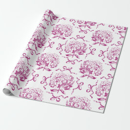 Elegant Preppy Roze Hydrangea Bow Toile Patroon Cadeaupapier