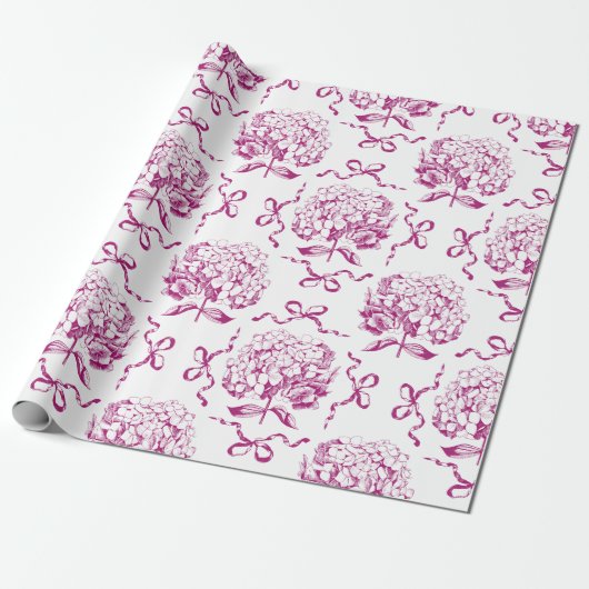 Elegant Preppy Roze Hydrangea Bow Toile Patroon Cadeaupapier (Uitgerold)