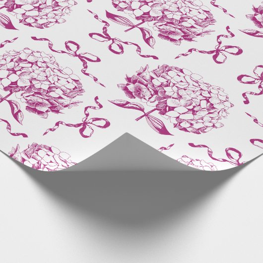 Elegant Preppy Roze Hydrangea Bow Toile Patroon Cadeaupapier (Hoek)