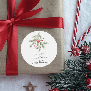 Elegant Prettig Kerstfeest Dennentak en Rode Besse Ronde Sticker