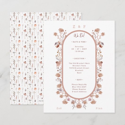 Elegant Pretty Floral Botanical Wedding Invitation Notitiekaartje (Voorkant / Achterkant)