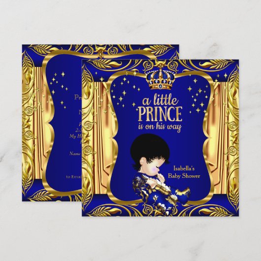 Elegant Prince Baby shower Blue Gold Brunette Kaart (Voorkant / Achterkant)