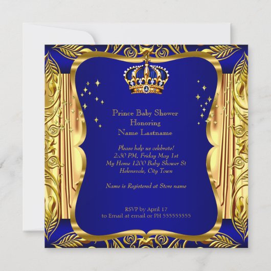Elegant Prince Baby shower Blue Gold Brunette Kaart (Achterkant)