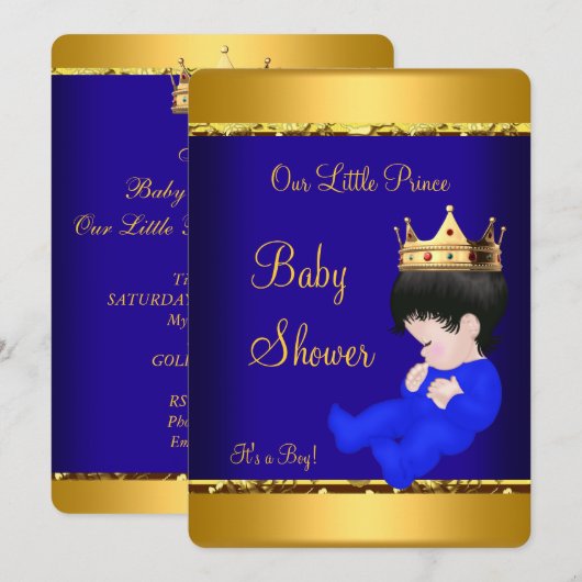 Elegant Prince Baby shower Royal Blue Gold Boy Kaart (Voorkant / Achterkant)