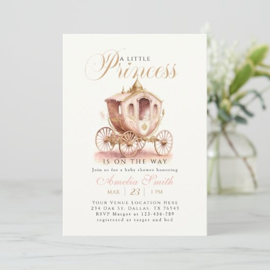Elegant Princess Carriage roze meisje Baby shower Kaart (Staand voorkant)