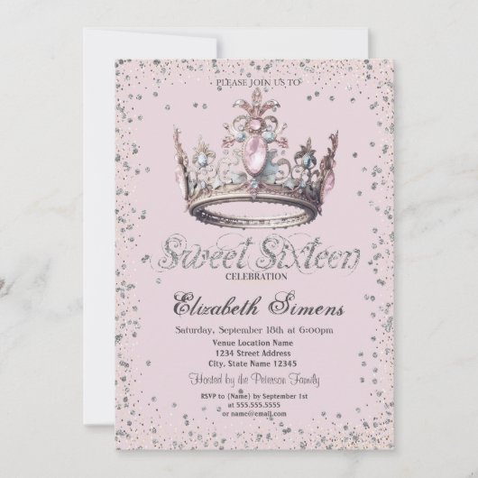 Elegant Princess Crown Diamonds Confetti Sweet 16 Kaart (Voorkant)