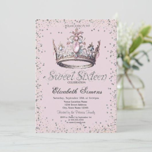 Elegant Princess Crown Diamonds Confetti Sweet 16 Kaart (Staand voorkant)
