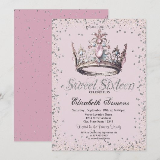 Elegant Princess Crown Diamonds Confetti Sweet 16 Kaart (Voorkant / Achterkant)