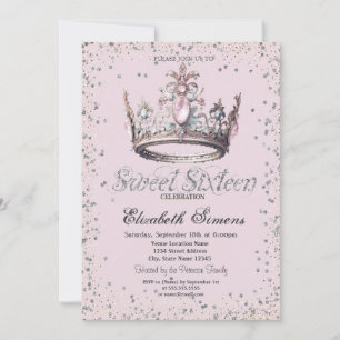 Elegant Princess Crown Diamonds Confetti Sweet 16 Kaart