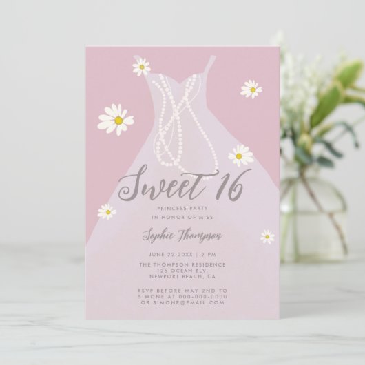 Elegant Princess Dress Pink White Daisies Sweet 16 Kaart (Staand voorkant)
