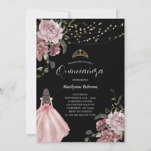 Elegant Princess Floral Modern Quinceañera Kaart (Voorkant)