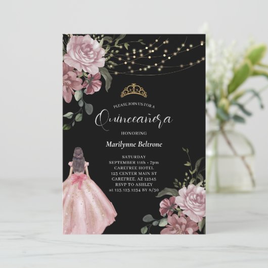 Elegant Princess Floral Modern Quinceañera Kaart (Staand voorkant)